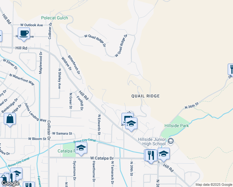 map of restaurants, bars, coffee shops, grocery stores, and more near 4522 North Kitsap Way in Boise