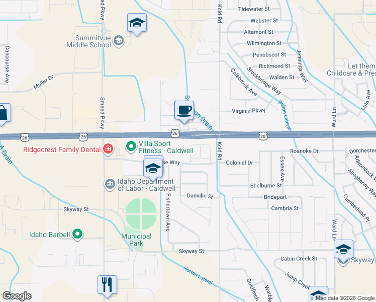 map of restaurants, bars, coffee shops, grocery stores, and more near 5022 U.S. 20 in Caldwell