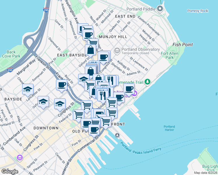 map of restaurants, bars, coffee shops, grocery stores, and more near 45 Hancock Street in Portland