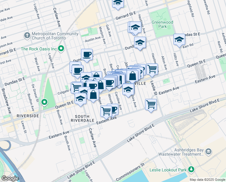 map of restaurants, bars, coffee shops, grocery stores, and more near in Toronto