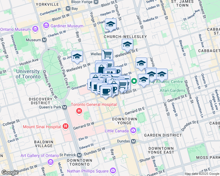 map of restaurants, bars, coffee shops, grocery stores, and more near 7 Grenville Street in Toronto