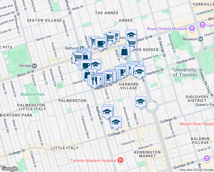 map of restaurants, bars, coffee shops, grocery stores, and more near in Toronto