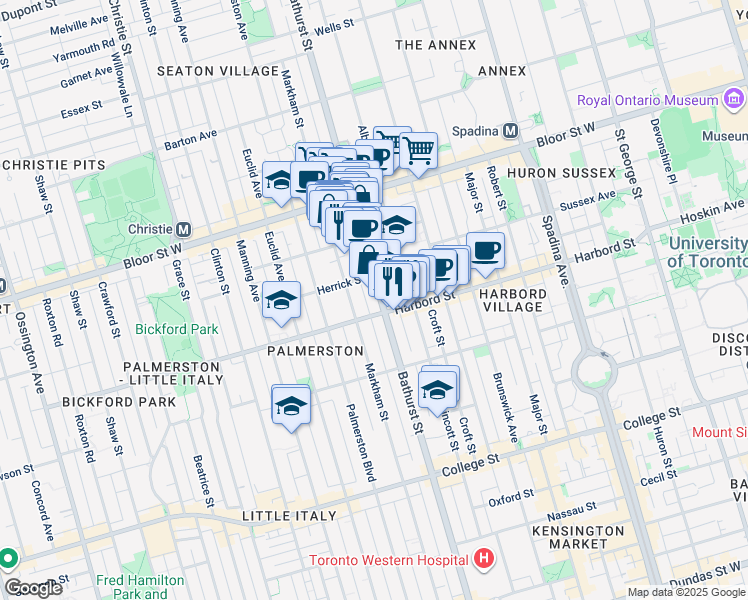 map of restaurants, bars, coffee shops, grocery stores, and more near in Toronto
