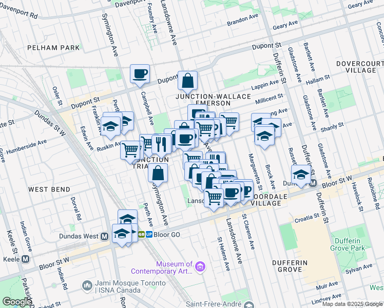 map of restaurants, bars, coffee shops, grocery stores, and more near 229 Wallace Avenue in Toronto