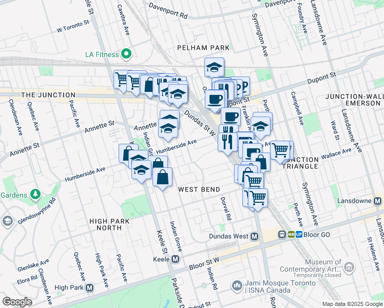 map of restaurants, bars, coffee shops, grocery stores, and more near 725 Indian Road in Toronto