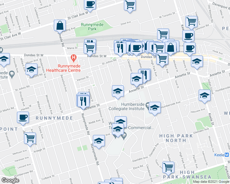 map of restaurants, bars, coffee shops, grocery stores, and more near 230 Evelyn Avenue in Toronto