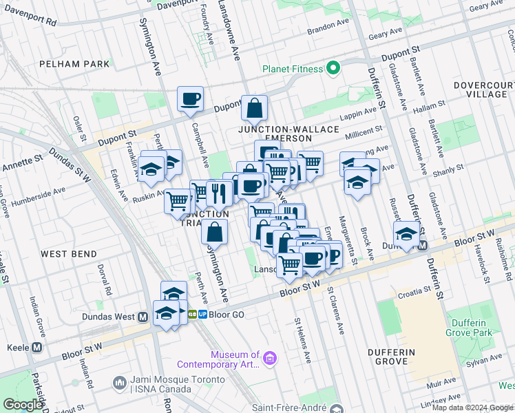 map of restaurants, bars, coffee shops, grocery stores, and more near 229 Wallace Avenue in Toronto