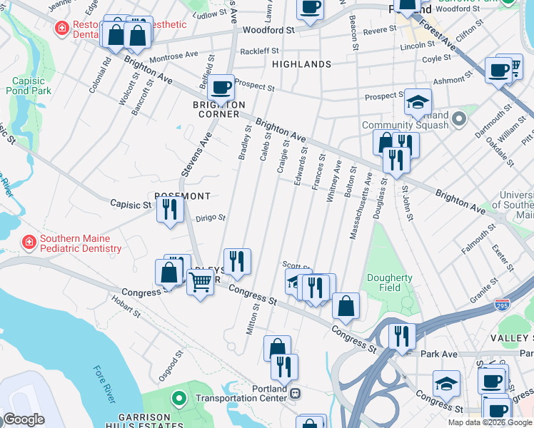 map of restaurants, bars, coffee shops, grocery stores, and more near 102 Craigie Street in Portland
