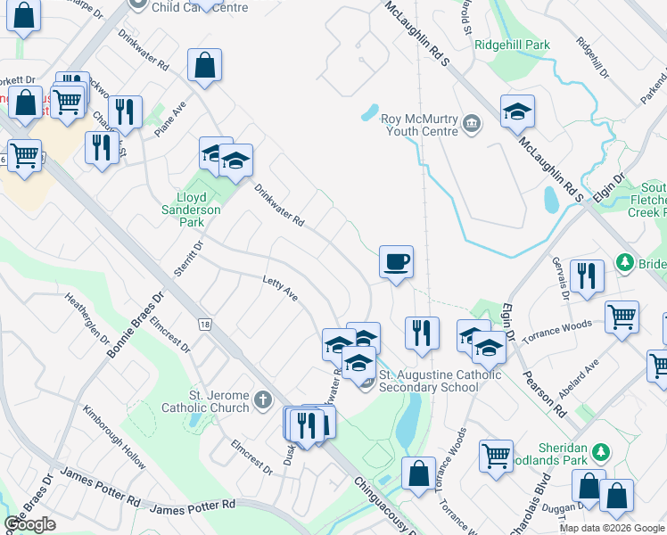 map of restaurants, bars, coffee shops, grocery stores, and more near 53 Hood Crescent in Brampton