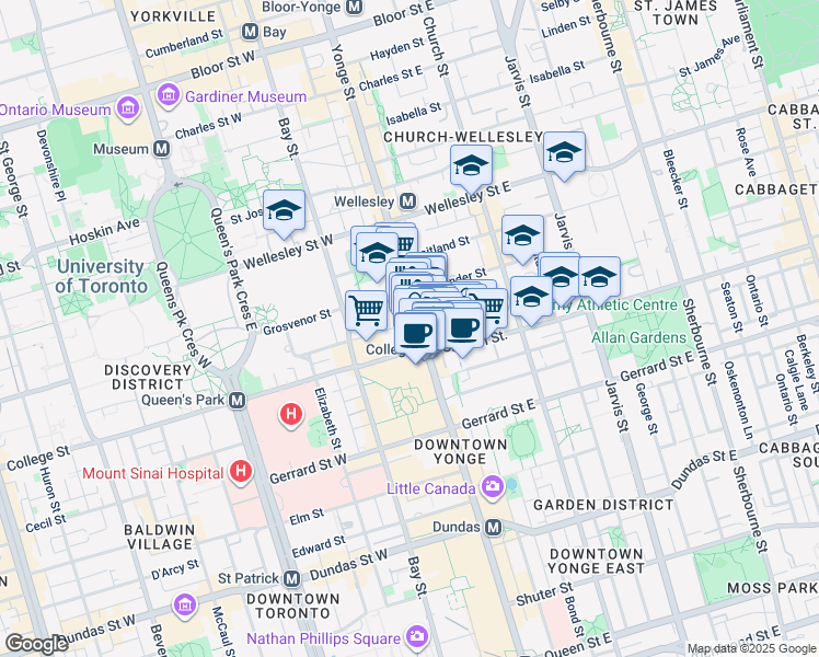 map of restaurants, bars, coffee shops, grocery stores, and more near 475 Yonge Street in Toronto
