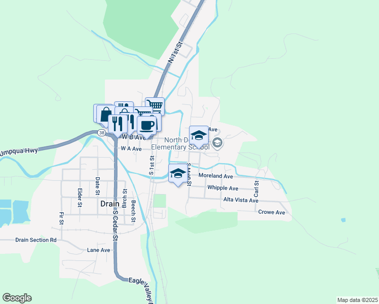 map of restaurants, bars, coffee shops, grocery stores, and more near 100 South Main Street in Drain
