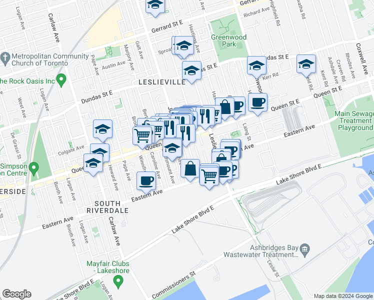 map of restaurants, bars, coffee shops, grocery stores, and more near 84 Rushbrooke Avenue in Toronto