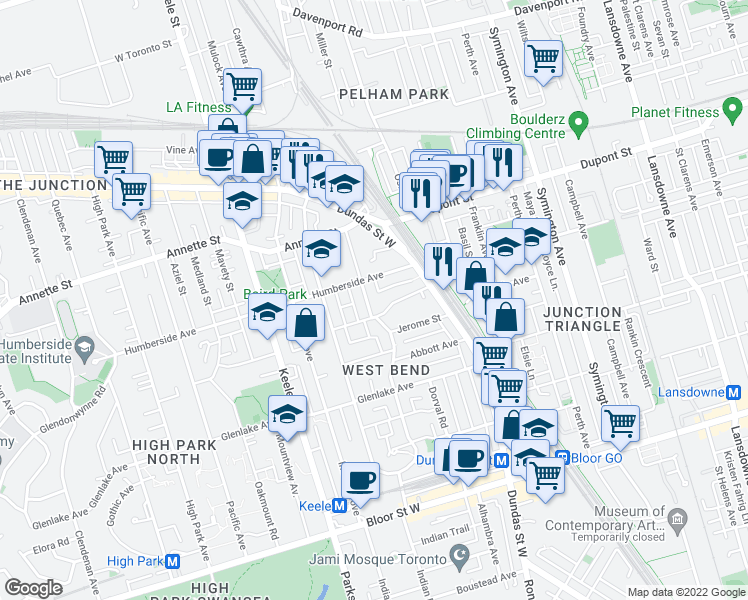 map of restaurants, bars, coffee shops, grocery stores, and more near 725 Indian Road in Toronto