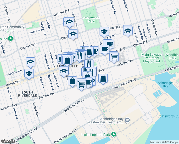 map of restaurants, bars, coffee shops, grocery stores, and more near 820 Eastern Avenue in Toronto