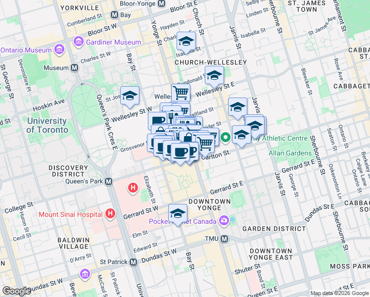 map of restaurants, bars, coffee shops, grocery stores, and more near 7 Grenville Street in Toronto