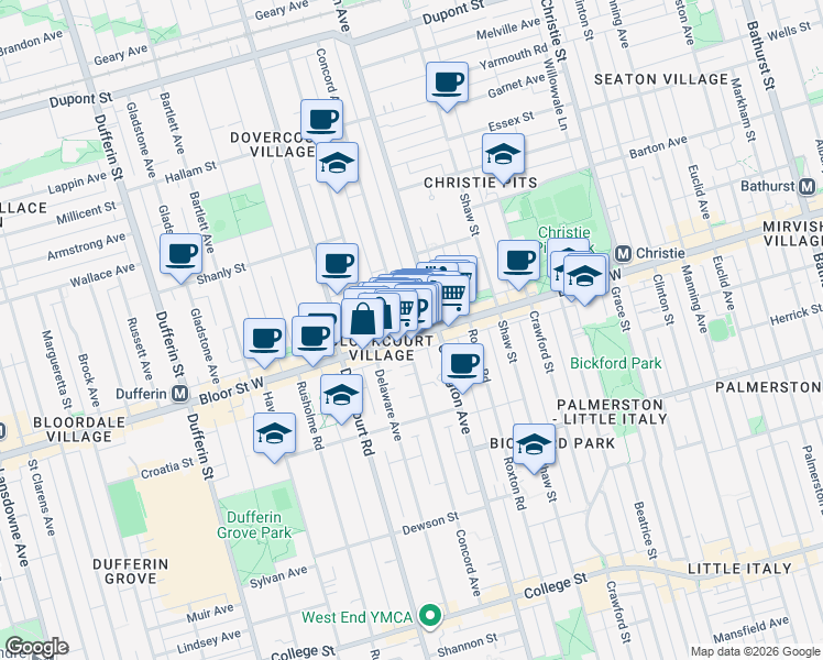 map of restaurants, bars, coffee shops, grocery stores, and more near 916 Bloor Street West in Toronto