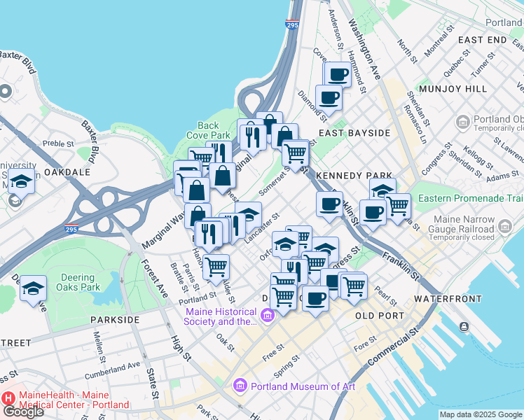 map of restaurants, bars, coffee shops, grocery stores, and more near 57 Kennebec Street in Portland