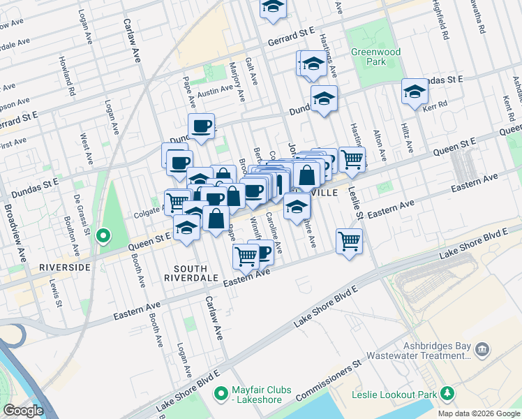map of restaurants, bars, coffee shops, grocery stores, and more near 1105 Queen Street East in Toronto