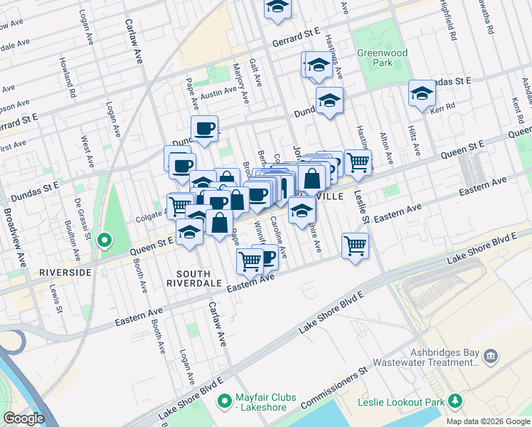 map of restaurants, bars, coffee shops, grocery stores, and more near 1105 Queen Street East in Toronto