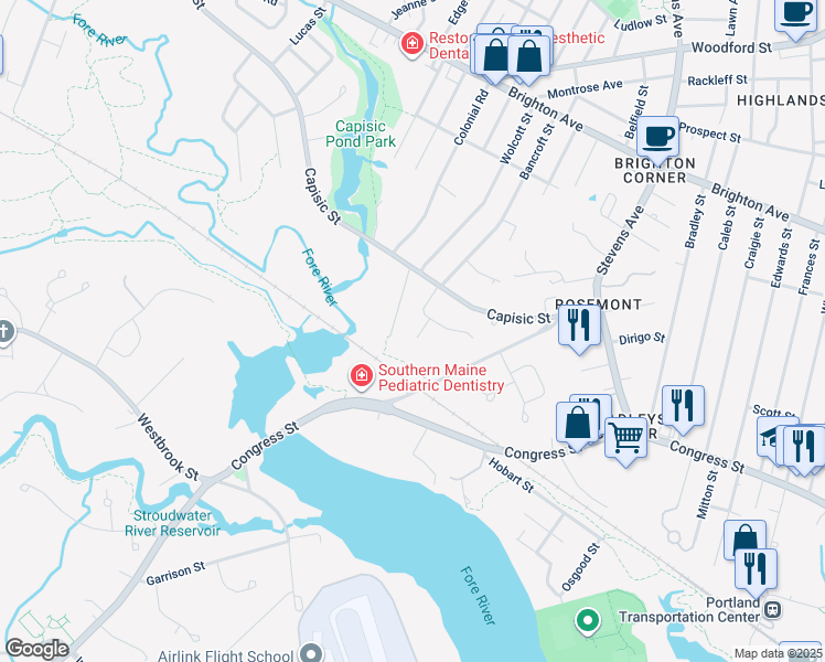 map of restaurants, bars, coffee shops, grocery stores, and more near 15 Bancroft Court in Portland