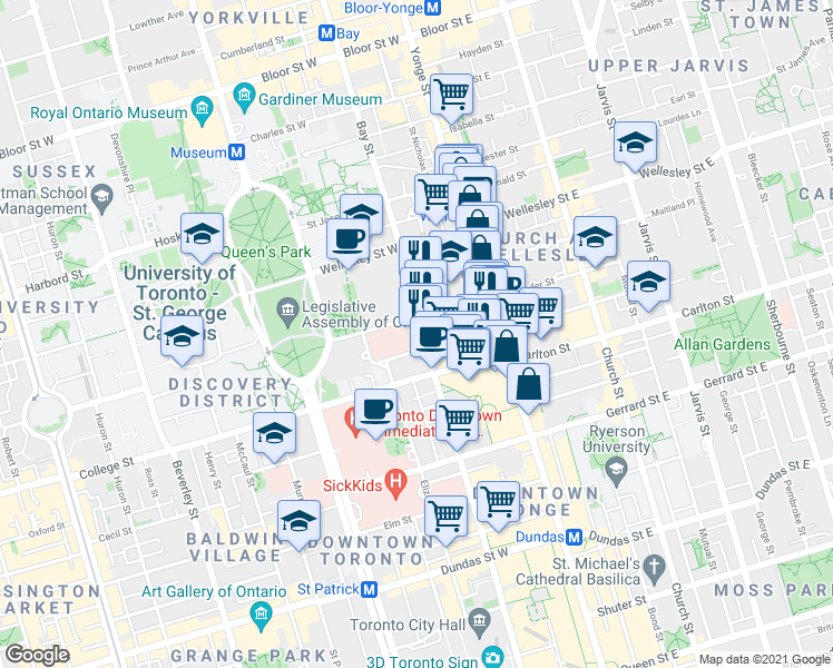 map of restaurants, bars, coffee shops, grocery stores, and more near 832 Bay Street in Toronto