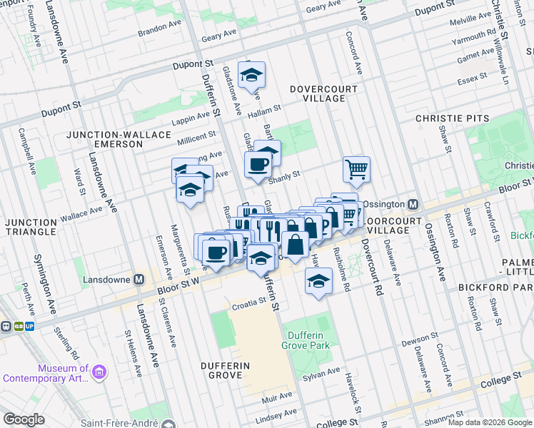 map of restaurants, bars, coffee shops, grocery stores, and more near 568 Gladstone Avenue in Toronto