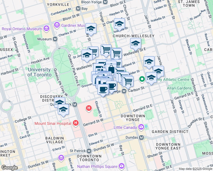 map of restaurants, bars, coffee shops, grocery stores, and more near 38 Grenville Street in Toronto