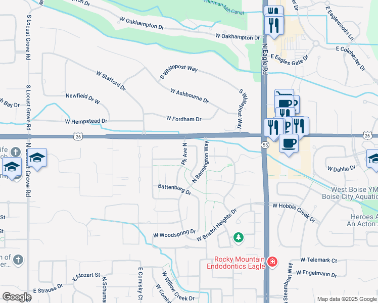 map of restaurants, bars, coffee shops, grocery stores, and more near 6284 North Royal Park Avenue in Boise