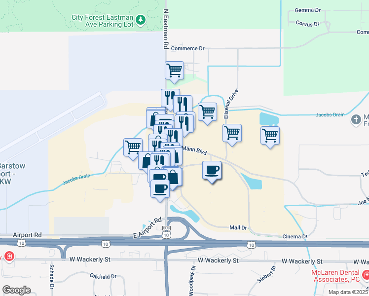 map of restaurants, bars, coffee shops, grocery stores, and more near 1605 Joe Mann Boulevard in Midland