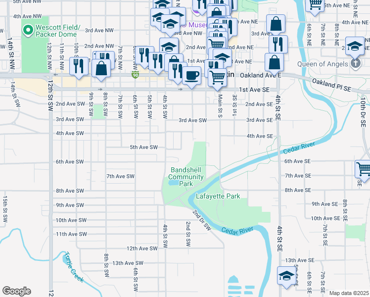 map of restaurants, bars, coffee shops, grocery stores, and more near 513 3rd Street Southwest in Austin