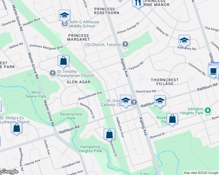 map of restaurants, bars, coffee shops, grocery stores, and more near 26 Beaverbrook Avenue in Toronto