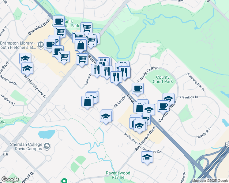 map of restaurants, bars, coffee shops, grocery stores, and more near 2 Sir Lou Drive in Brampton