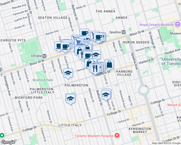 map of restaurants, bars, coffee shops, grocery stores, and more near 678 Bathurst Street in Toronto
