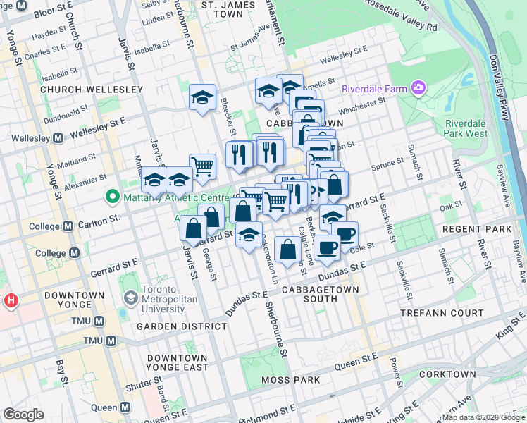 map of restaurants, bars, coffee shops, grocery stores, and more near 298 Seaton Street in Toronto