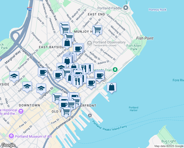map of restaurants, bars, coffee shops, grocery stores, and more near 12 Mountfort Street in Portland