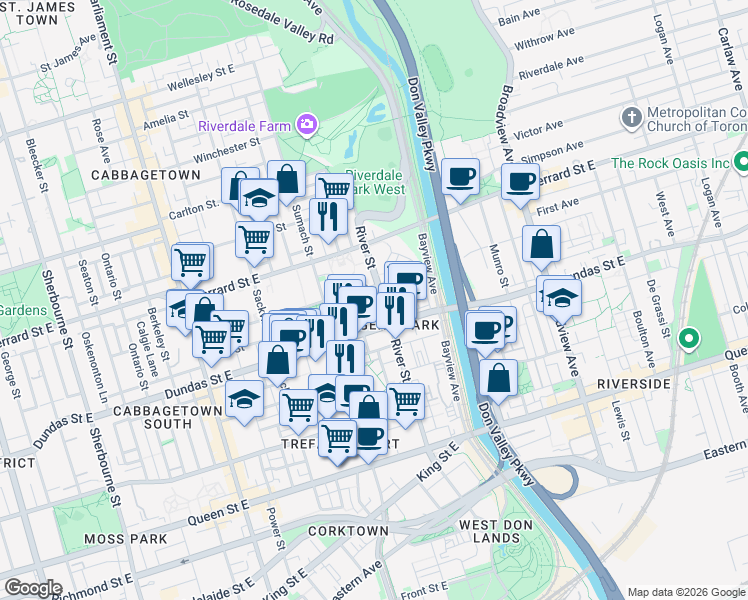 map of restaurants, bars, coffee shops, grocery stores, and more near 150 River Street in Toronto