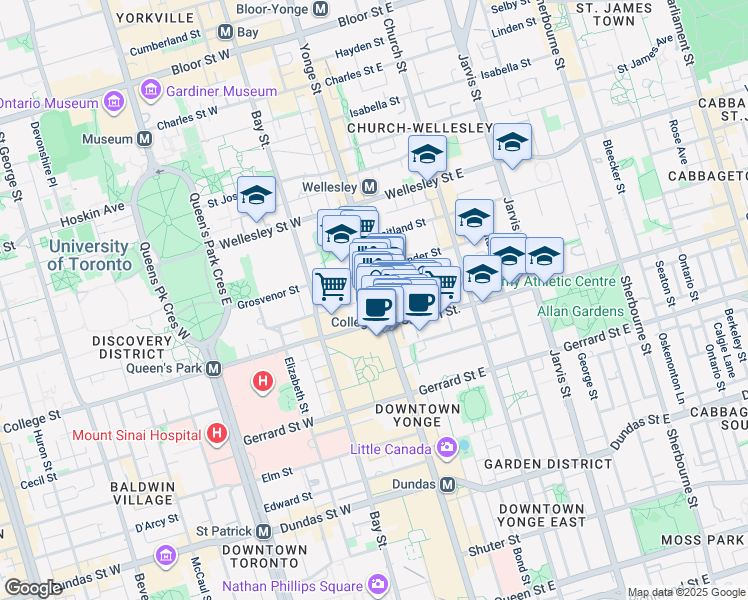 map of restaurants, bars, coffee shops, grocery stores, and more near 7 Grenville Street in Toronto