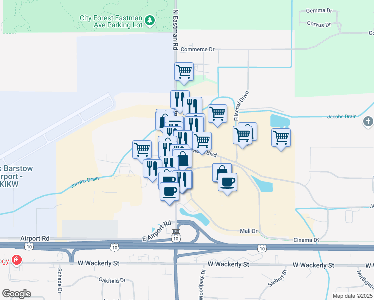 map of restaurants, bars, coffee shops, grocery stores, and more near 1605 Joe Mann Boulevard in Midland