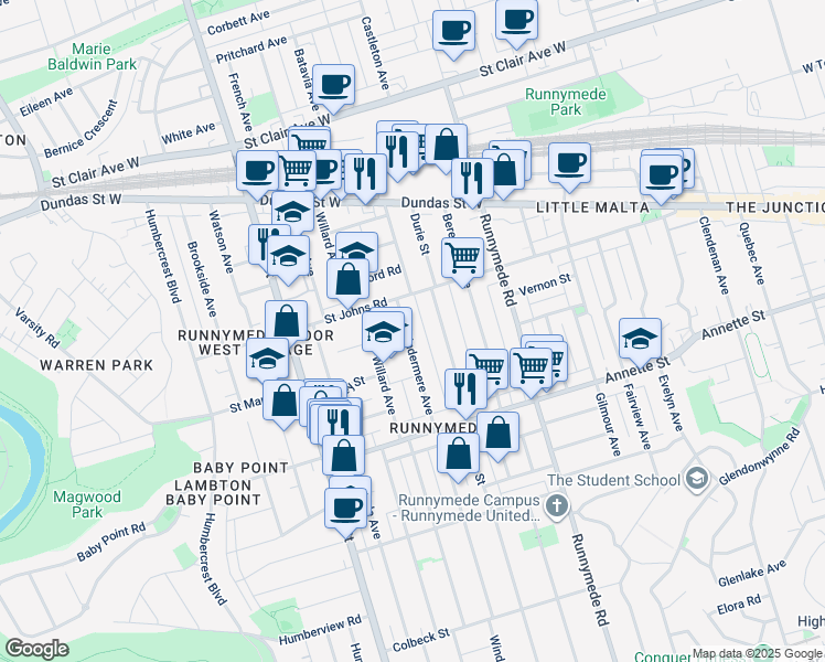 map of restaurants, bars, coffee shops, grocery stores, and more near 827 Windermere Avenue in Toronto