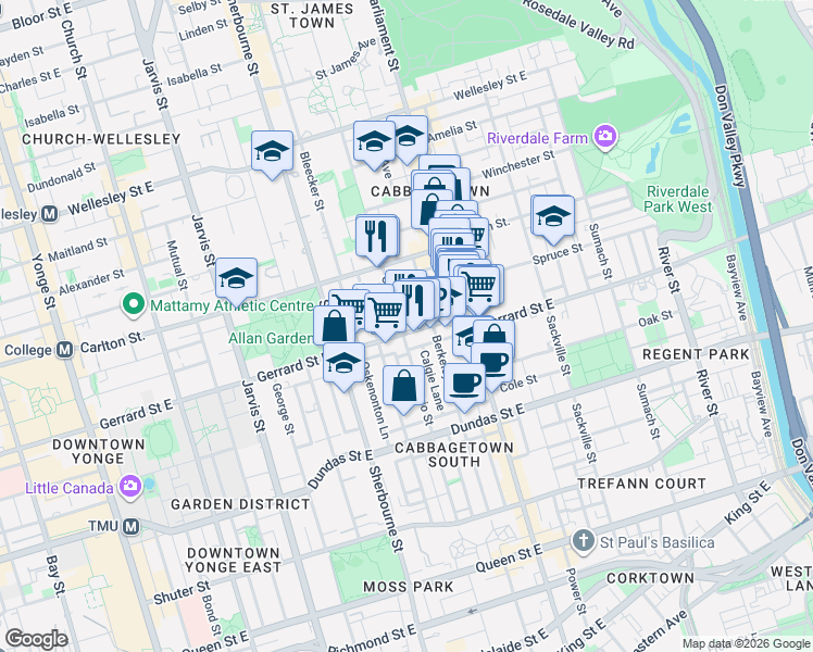 map of restaurants, bars, coffee shops, grocery stores, and more near 244 Gerrard Street East in Toronto
