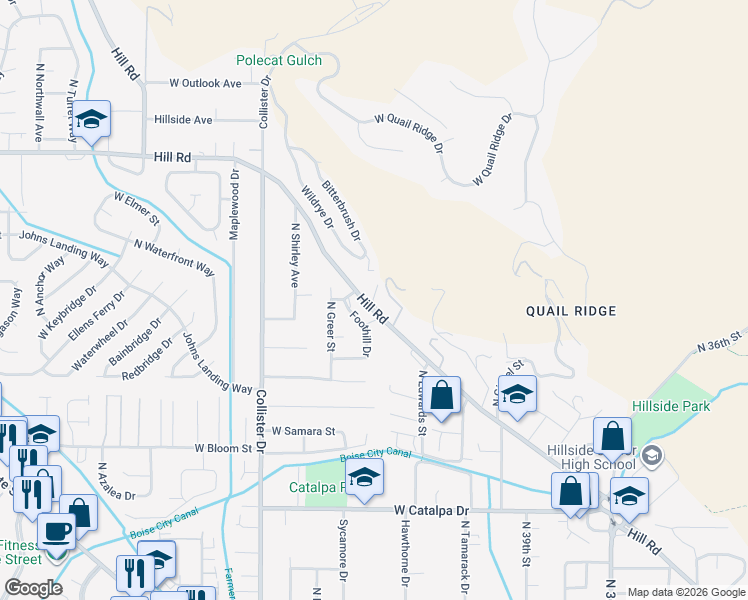 map of restaurants, bars, coffee shops, grocery stores, and more near 4401 West Hill Road in Boise