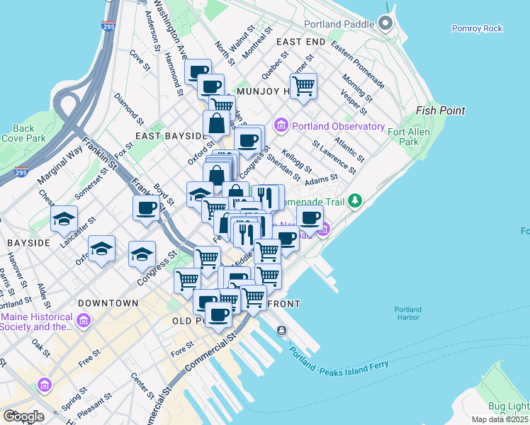 map of restaurants, bars, coffee shops, grocery stores, and more near 45 Hancock Street in Portland