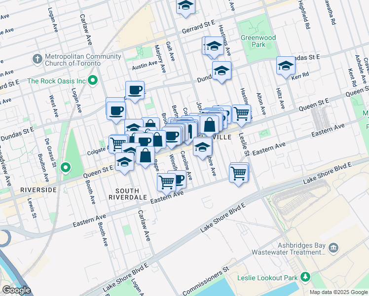 map of restaurants, bars, coffee shops, grocery stores, and more near in Toronto