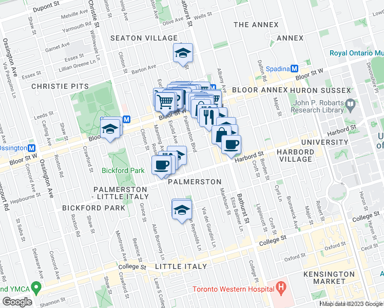 map of restaurants, bars, coffee shops, grocery stores, and more near in Toronto