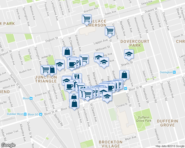 map of restaurants, bars, coffee shops, grocery stores, and more near 99 Emerson Avenue in Toronto