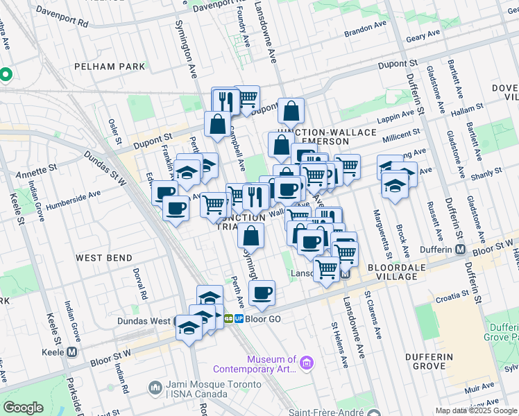 map of restaurants, bars, coffee shops, grocery stores, and more near in Toronto