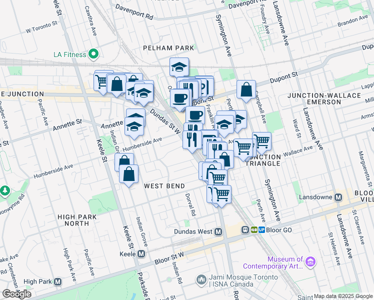 map of restaurants, bars, coffee shops, grocery stores, and more near in Toronto