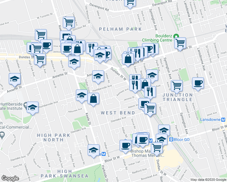 map of restaurants, bars, coffee shops, grocery stores, and more near 725 Indian Road in Toronto