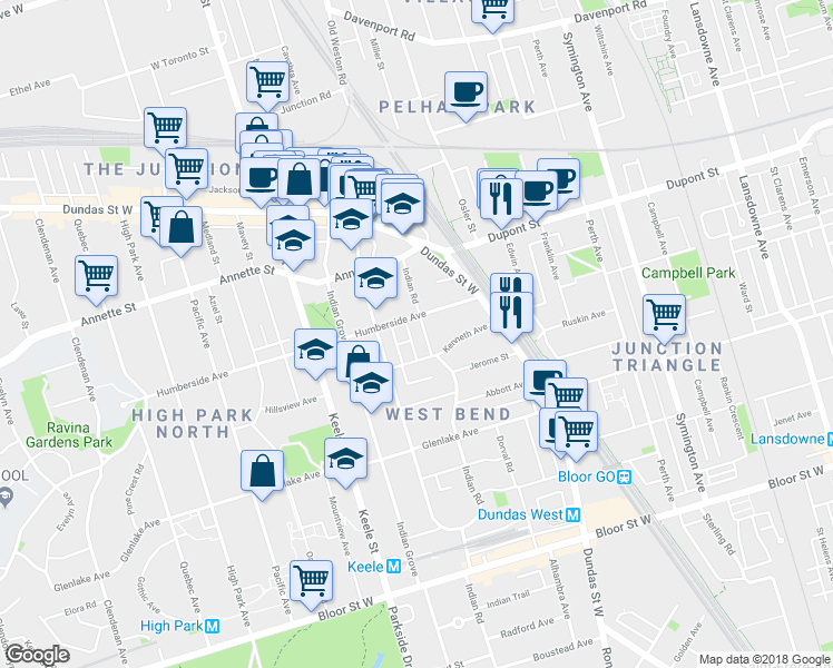 map of restaurants, bars, coffee shops, grocery stores, and more near in Toronto