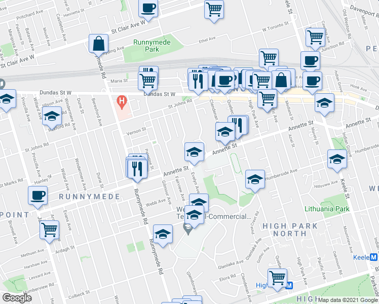 map of restaurants, bars, coffee shops, grocery stores, and more near 230 Evelyn Avenue in Toronto